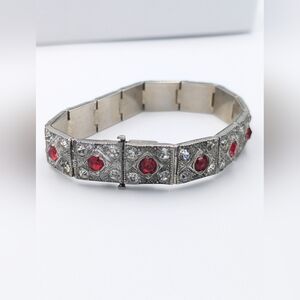 Vintage Pretium 1940s Art Deco Rhinestone Garnet Glass Paste Square Bracelet